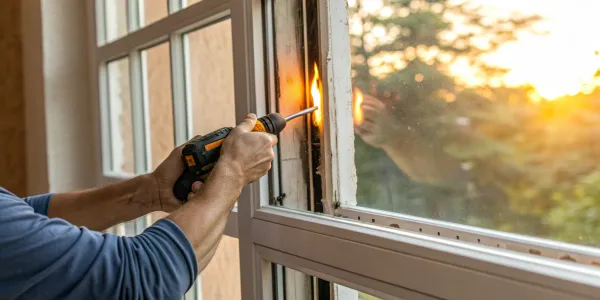 A professional completes a fire rated window installation by applying a fire-resistant sealant.