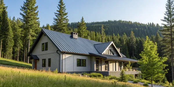 Fireproof home design with metal roof and fire-resistant landscaping.