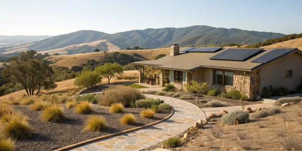 A California home fireproofed against wildfires with defensible space and a fire-resistant roof.