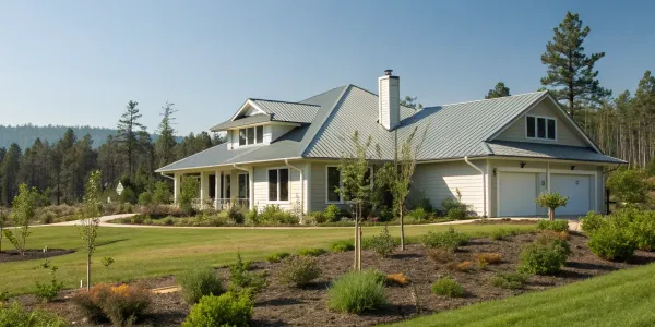 A home retrofitted for wildfire defense with a metal roof and well-maintained defensible space.